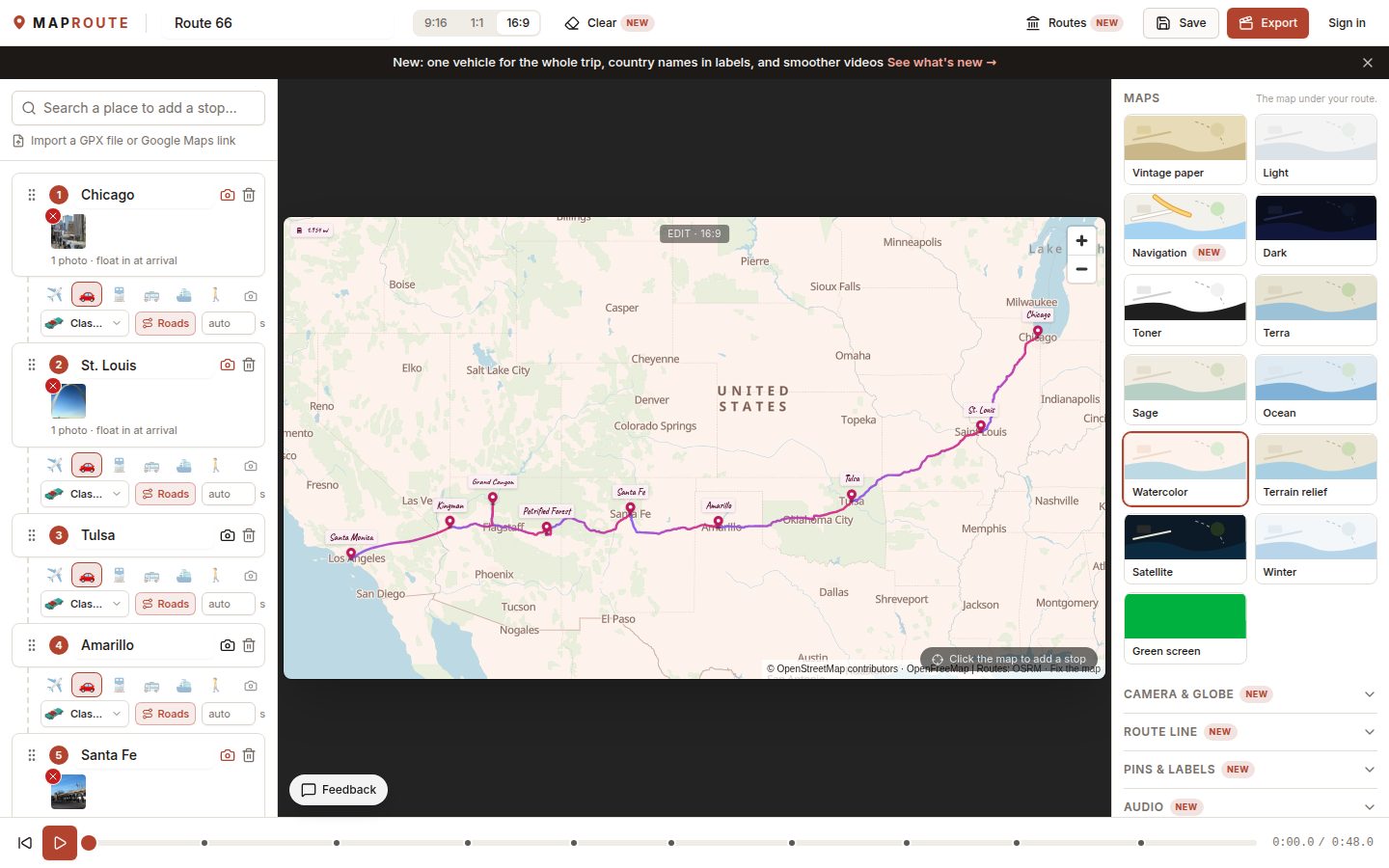 The MAPROUTE editor with the stops on the left, the map in the middle and the map styles on the right