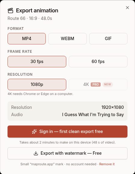 The export window with MP4, WebM and GIF, 30 or 60 fps, 1080p or 4K, and the time it will take
