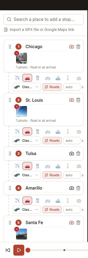 The list of stops, each with a photo, and the travel mode icons for the leg after it