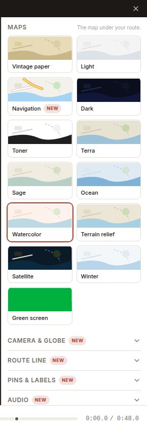 The Maps section with map style tiles such as Vintage paper, Navigation, Dark, Satellite and Green screen