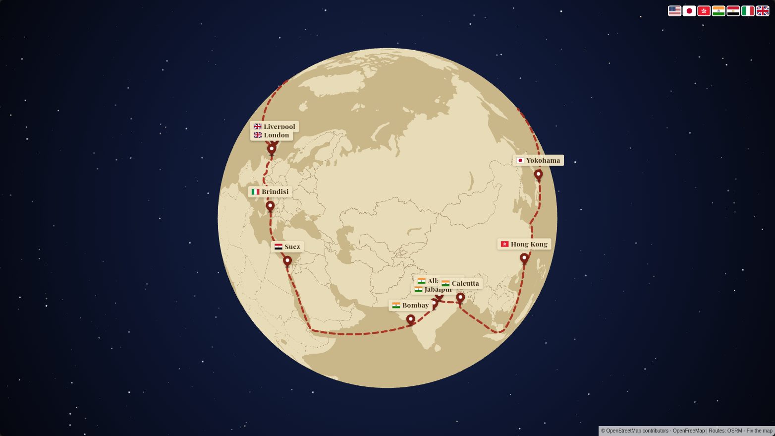 Map of the Around the World in 80 Days route in the Vintage Explorer look