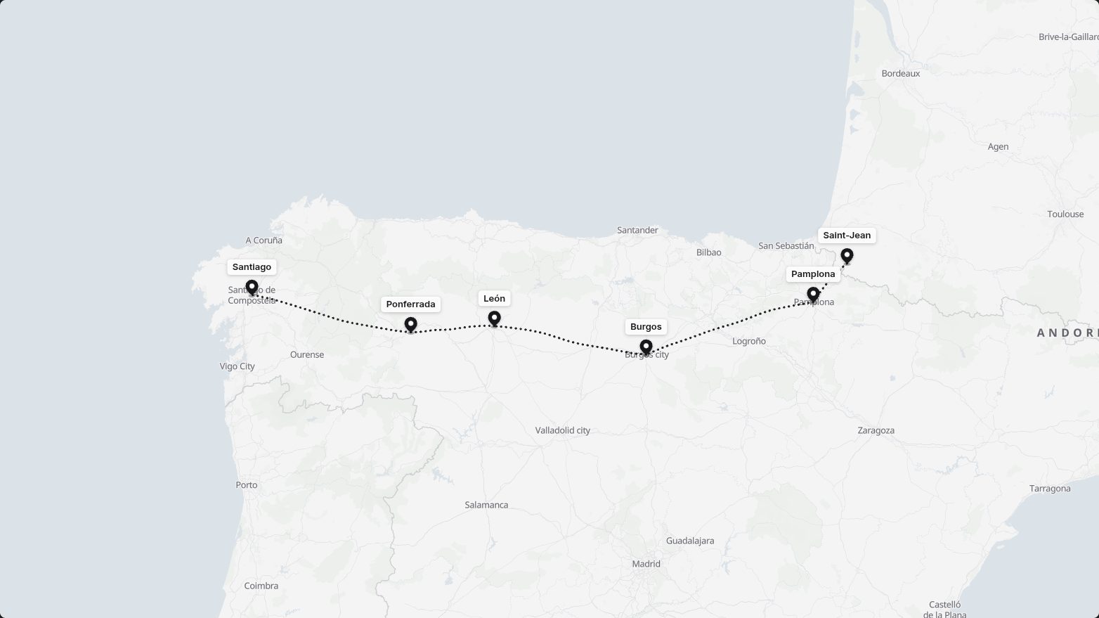 Map of the Camino de Santiago route in the Clean Minimal look