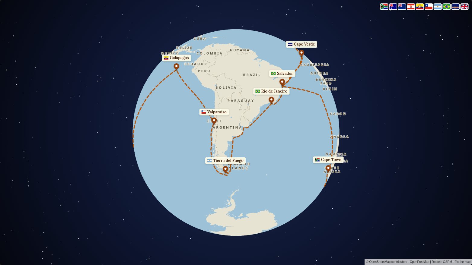 Map of the Darwin's Voyage of the Beagle route in the Terra Trek look