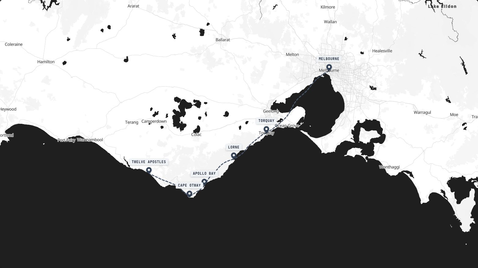 Map of the Great Ocean Road route in the Blueprint look