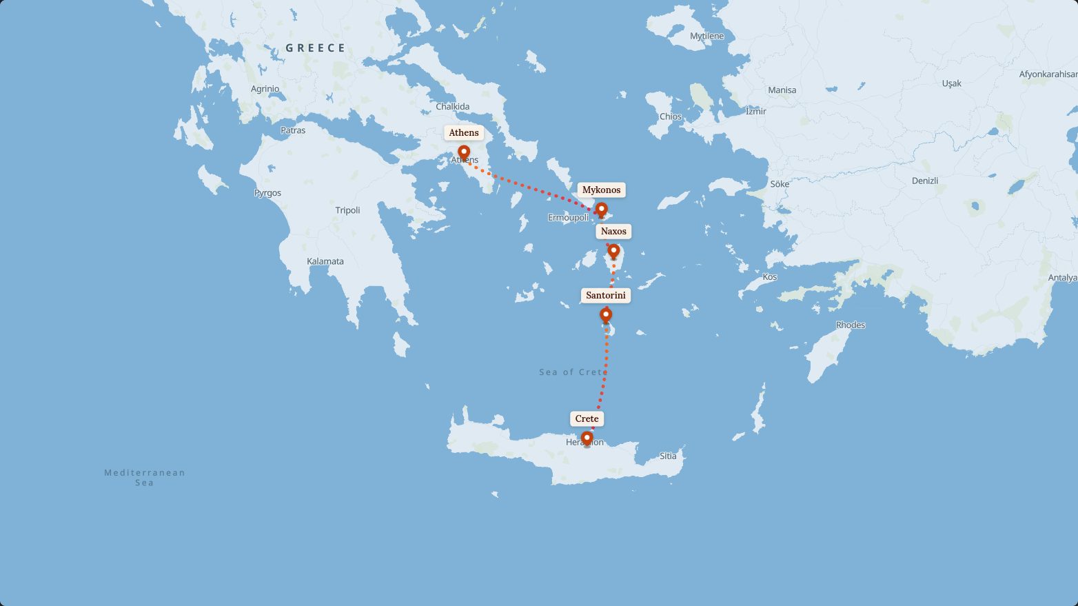 Map of the Greek Island Hopping route in the Island Hopper look