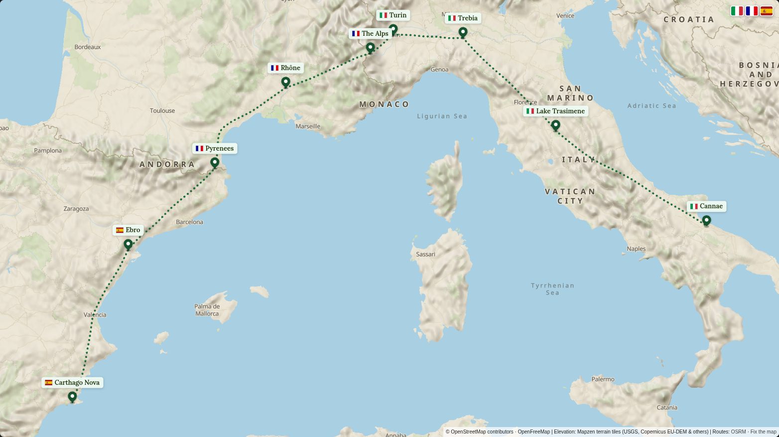 Map of the Hannibal Crosses the Alps route in the Summit look