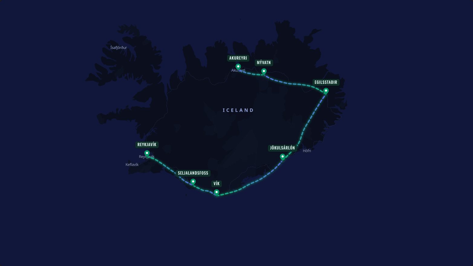 Map of the Iceland Ring Road route in the Midnight Aurora look