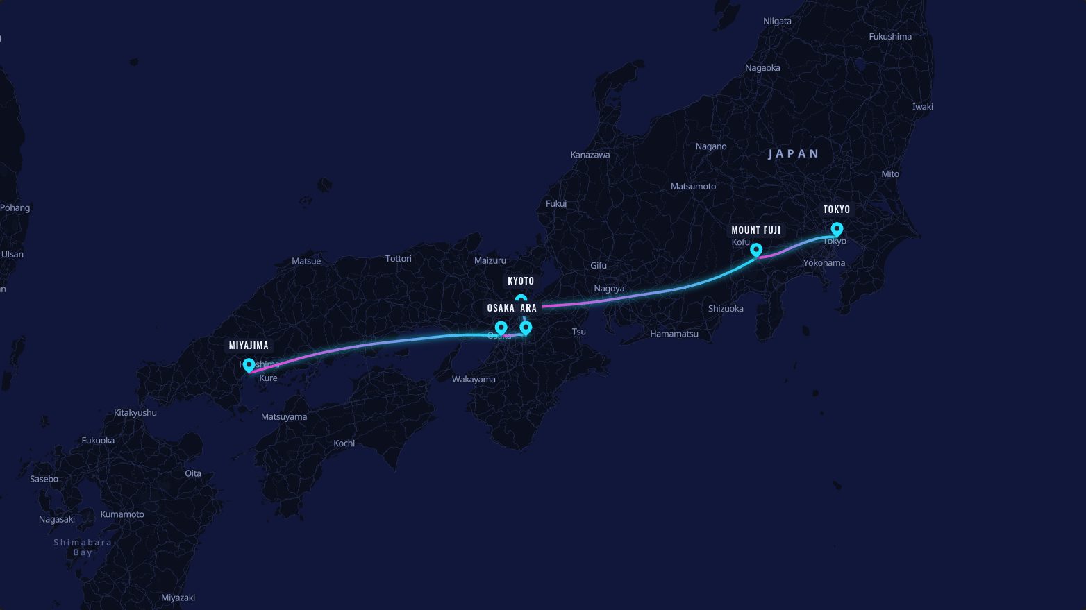Map of the Japan's Golden Route route in the Neon Night look