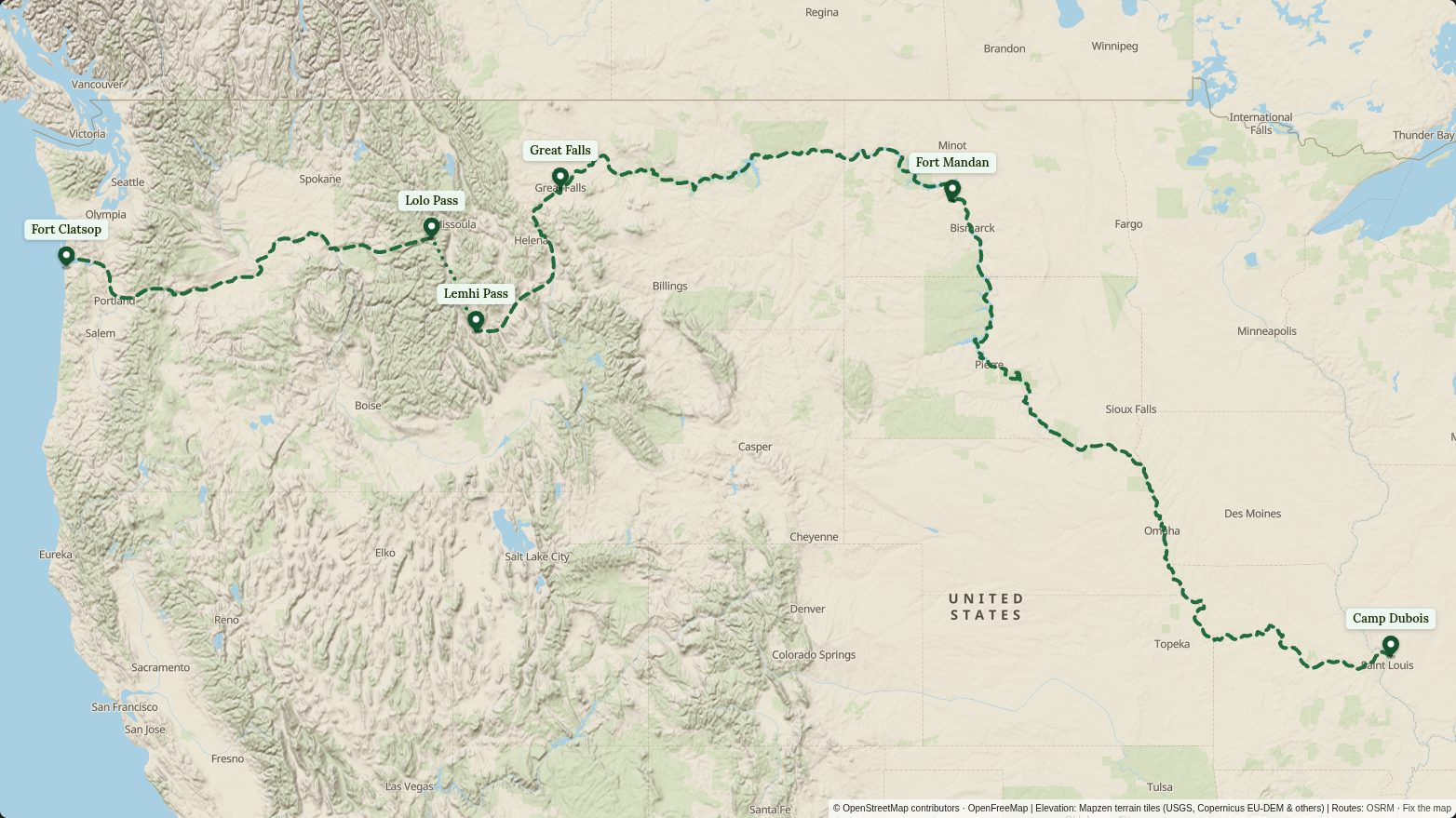 Map of the Lewis & Clark Expedition route in the Summit look
