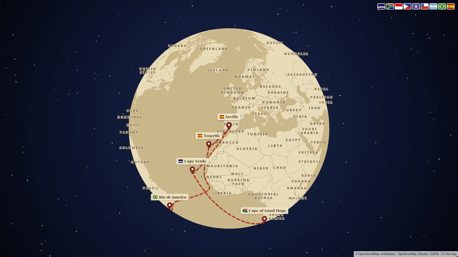 Map of the Magellan & Elcano route in the Vintage Explorer look