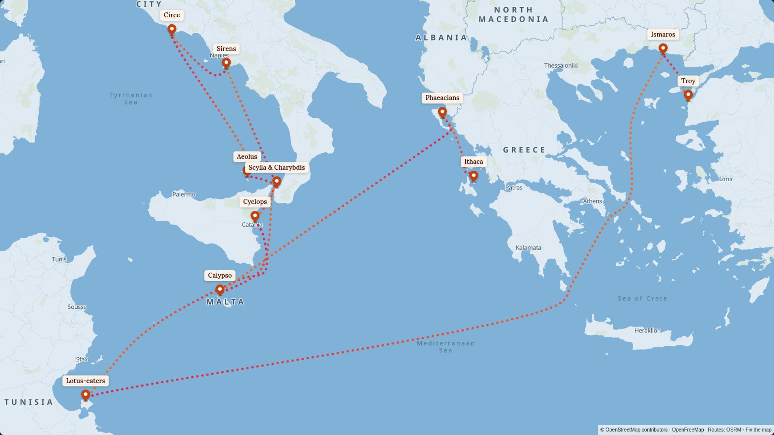 Map of the The Odyssey route in the Island Hopper style
