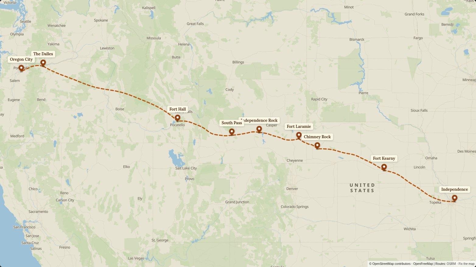 Map of the The Oregon Trail route in the Terra Trek look