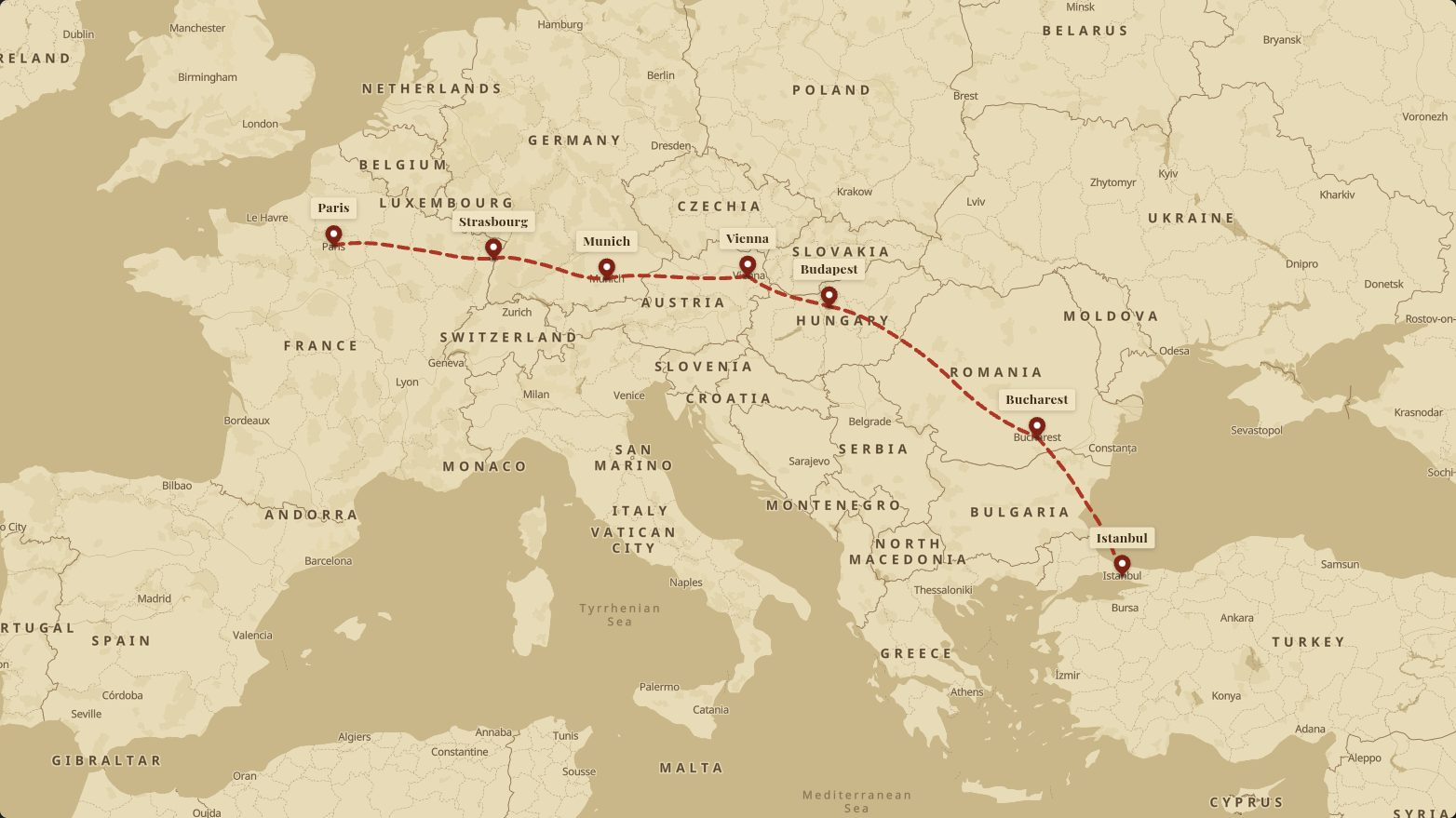 Map of the Orient Express route in the Vintage Explorer look