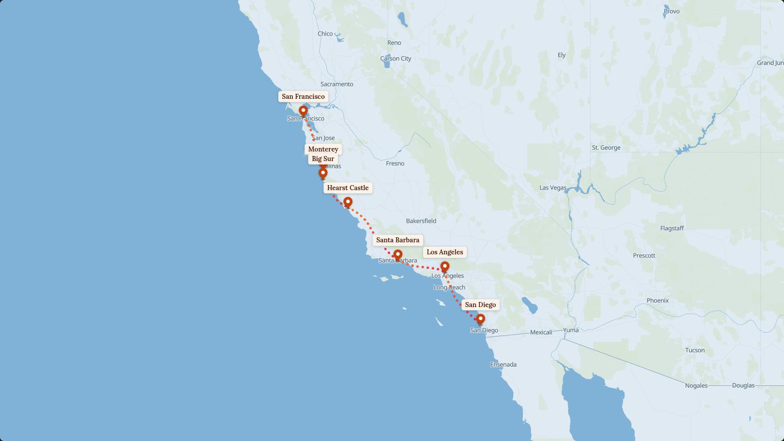 Map of the Pacific Coast Highway route in the Island Hopper look