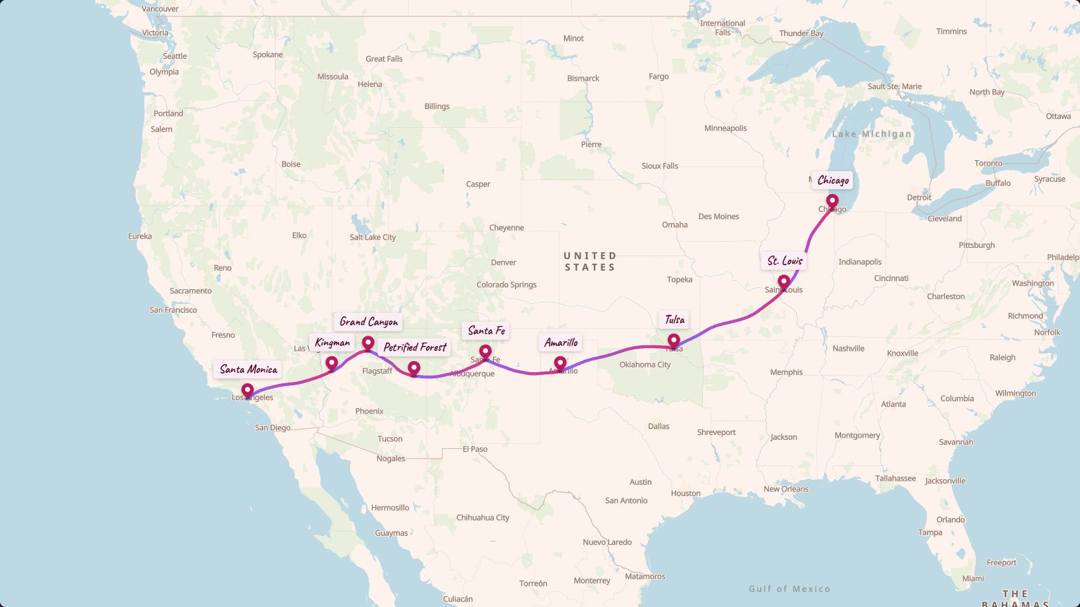 Map of the Route 66 route in the Postcard look
