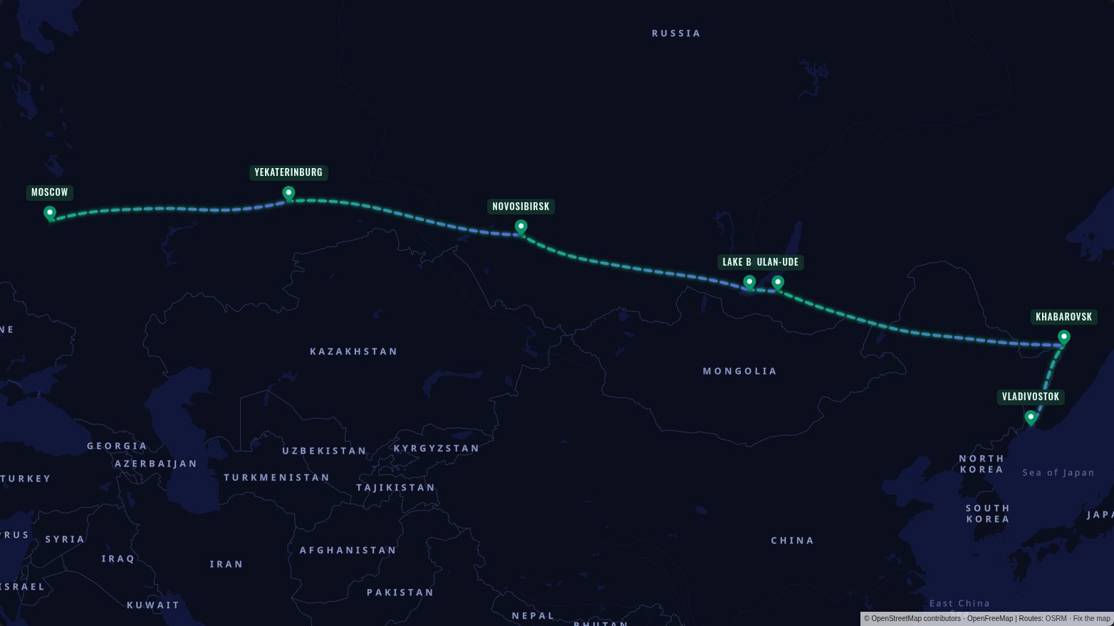 Map of the Trans-Siberian Railway route in the Midnight Aurora look