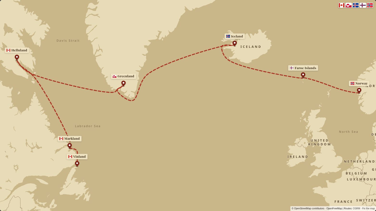 Map of the Vikings to Vinland route in the Vintage Explorer look