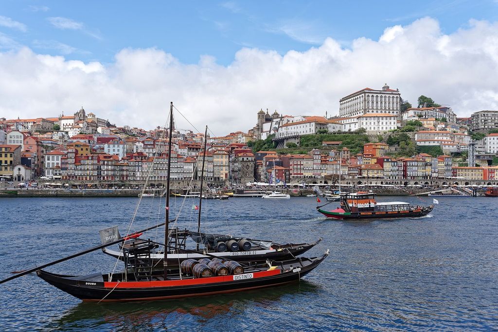 Rabelo boats on the Douro at Vila Nova de Gaia, facing Porto
